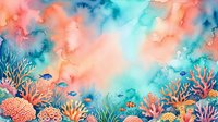 Vibrant underwater coral reef scene with tropical fish swimming among colorful corals in turquoise and coral pink watercolor style for marine life designs.