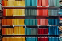 Colorful bookshelf with organized books arranged by color spectrum from orange to yellow, turquoise, red, and blue on wooden shelves.