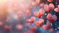 Delicate pink heart-shaped flower petals floating in dreamy blue atmosphere with soft bokeh light effect creating romantic spring mood.