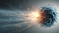 Abstract digital sphere dissolving into particles with dynamic light rays and energy beams creating futuristic technology concept for modern design projects.
