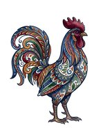 Ornamental rooster with intricate decorative patterns, isolated on white background. Colorful hand-drawn design featuring swirling details in blue, orange, and burgundy tones, suitable for clipart, t-shirt printing, and graphic design projects.