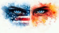 Intense blue eyes with American flag colors in watercolor splash effect, split composition showing contrast between cool and warm tones against white background.