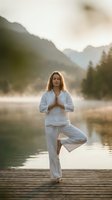 Young Caucasian woman practicing yoga tree pose on wooden dock at mountain lake during golden hour sunrise meditation session for wellness and mindfulness.