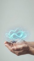 Human hands holding glowing turquoise cloud computing hologram with digital particles and network connections on neutral background.