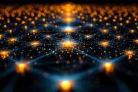 Glowing orange nodes connected by blue light streams in dark space create futuristic network visualization representing artificial intelligence and data flow patterns.