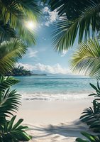 Tropical paradise view through palm leaves frame, pristine white sand beach, turquoise ocean waves, and distant mountains under sunny blue sky with clouds.