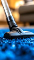 Close-up view of vacuum cleaner head on bright blue carpet with shallow depth of field, showing cleaning process and carpet texture in detail.
