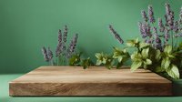 Wooden cutting board with fresh lavender and herbs on green background for kitchen product display and culinary photography.