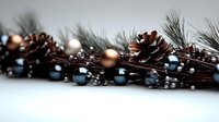 Festive winter composition with pine cones, copper and blue ornament balls, snow-covered branches and berries on white background. Modern holiday decor.