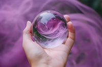 Crystal ball held in palm reflects swirling purple smoke creating magical atmospheric effect for mystical and spiritual concepts.