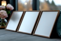 Three empty wooden photo frames arranged on gray surface with soft focus pink flowers and window light creating cozy home atmosphere for mockup display.