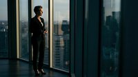Confident mature Caucasian businesswoman in black suit standing by floor-to-ceiling windows with city skyline view, contemplating strategy.