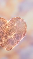 Glowing heart-shaped network with golden light connections on soft pastel background for love and technology concepts.