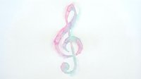 Watercolor treble clef musical symbol in soft pink and green pastel colors on white background isolated for creative design projects.