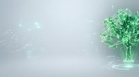 Young woman with light skin tone, wearing professional business attire, analyzing digital data visualization with glowing green tree hologram representing sustainable technology and environmental growth for corporate presentations.