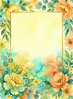 Watercolor floral frame with yellow and orange blooms, green foliage, and soft turquoise washes surrounding a blank center space. Perfect for invitations, greeting cards, and design projects.