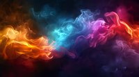 Vibrant colorful smoke waves flowing in dark background, abstract fluid motion with orange, blue, and pink hues creating dynamic ethereal atmosphere.