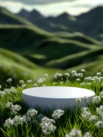 White round podium surrounded by blooming wildflowers in green mountain meadow landscape, soft focus background creates dreamy atmosphere for product display.