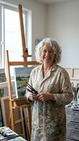 Senior Caucasian woman artist with gray curly hair smiling in bright art studio holding paintbrushes wearing paint-splattered apron near wooden easel.