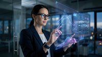 Professional businesswoman with glasses interacting with futuristic holographic data interface displaying charts and analytics in modern office.