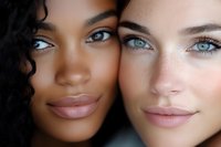 Close up portrait of two diverse young women with natural makeup, one African American with curly hair and one Caucasian, showcasing friendship and beauty diversity.
