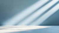 Minimalist abstract background with diagonal sunlight rays casting soft shadows on white surface against blue wall, modern clean design for presentations.