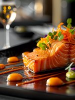 Grilled salmon fillet with carrot garnish and citrus sauce on black plate, elegant restaurant presentation with wine glass in soft bokeh background.