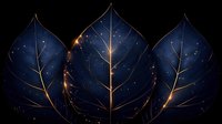 Mystical dark blue leaves with glowing golden veins against starry night background create magical nature composition for fantasy designs and decorative art.