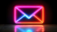 Glowing neon mail envelope sign with vibrant pink, blue and red colors reflecting on dark surface. Modern digital communication symbol on black background.