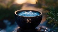 Mystical black bowl with glowing blue crystals in magical forest setting at dusk, creating ethereal atmosphere for spiritual and wellness concepts.