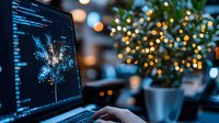 Computer screen displaying digital tree visualization with programming code against blurred Christmas lights and decorations in cozy workspace setting.
