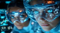 Young Asian woman wearing futuristic augmented reality glasses with digital interface display and data visualization in blue technological environment.