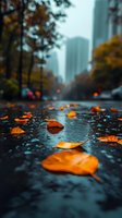Fallen autumn leaves scattered on wet urban street with blurred skyscrapers and traffic lights in rainy weather, seasonal cityscape background.