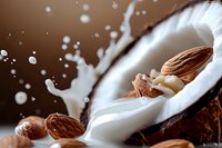 Fresh coconut half with milk splash and almonds creating dynamic food photography for healthy nutrition and tropical ingredient concepts.