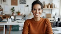 Young Hispanic businesswoman in orange sweater smiling at camera while working from modern home office with laptop and desk setup. Natural lighting highlights warm atmosphere.