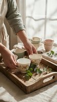 Woman arranging colorful ceramic cups on rustic wooden tray with eucalyptus leaves in soft natural light for cozy home tea ceremony and mindful living.