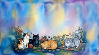 Watercolor illustration of five cats sitting together among autumn leaves and foliage against a soft, dreamy blue and purple gradient background. Perfect for pet lovers and nature-inspired designs.