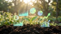 Green plant seedling growing from soil with digital business charts and graphs overlay representing sustainable growth and eco-friendly investment concepts.