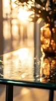 Sunlight streaming through window creates magical bokeh effect on glass surface with golden hour reflections and ethereal water droplets, evoking peaceful ambiance.