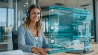 Smiling female customer service representative with headset working with futuristic transparent digital interface in modern office environment.