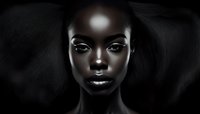 Dark-skinned female model with glowing eyes and luminous makeup against black background, dramatic lighting creates mysterious ethereal portrait highlighting facial features.