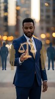 Professional African American lawyer in navy suit holding golden scales of justice symbol in urban business district with bokeh city lights background.
