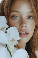 Close up portrait of young woman with freckles and blue eyes posing with white orchid flowers. Natural beauty concept for cosmetic and skincare advertising.