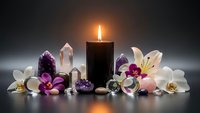 Spiritual wellness setup with burning candle, healing crystals, white orchids and lily flowers for meditation, relaxation and mindfulness practices.