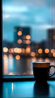 Coffee cup on windowsill with raindrops and warm bokeh lights creating cozy atmosphere during rainy evening for relaxation and comfort concepts.