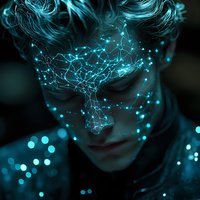 Glowing blue neural network pattern overlaid on male portrait with bokeh light effects creating futuristic artificial intelligence concept visualization.