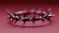 Crown of thorns in metallic red and silver finish on dark red background, dramatic lighting creates shadow and reflection for religious and spiritual concepts.