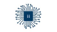 Minimalist microchip processor icon with circuit board pathways radiating in circular pattern, isolated on white background for technology and AI concepts.