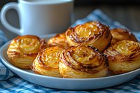 Fresh baked Portuguese pasteis de nata with crispy caramelized tops and flaky layers served on white plate next to coffee cup on blue checkered cloth.