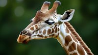 Giraffe head profile with distinctive spotted pattern and long neck against blurred green foliage background for wildlife photography and nature documentation.